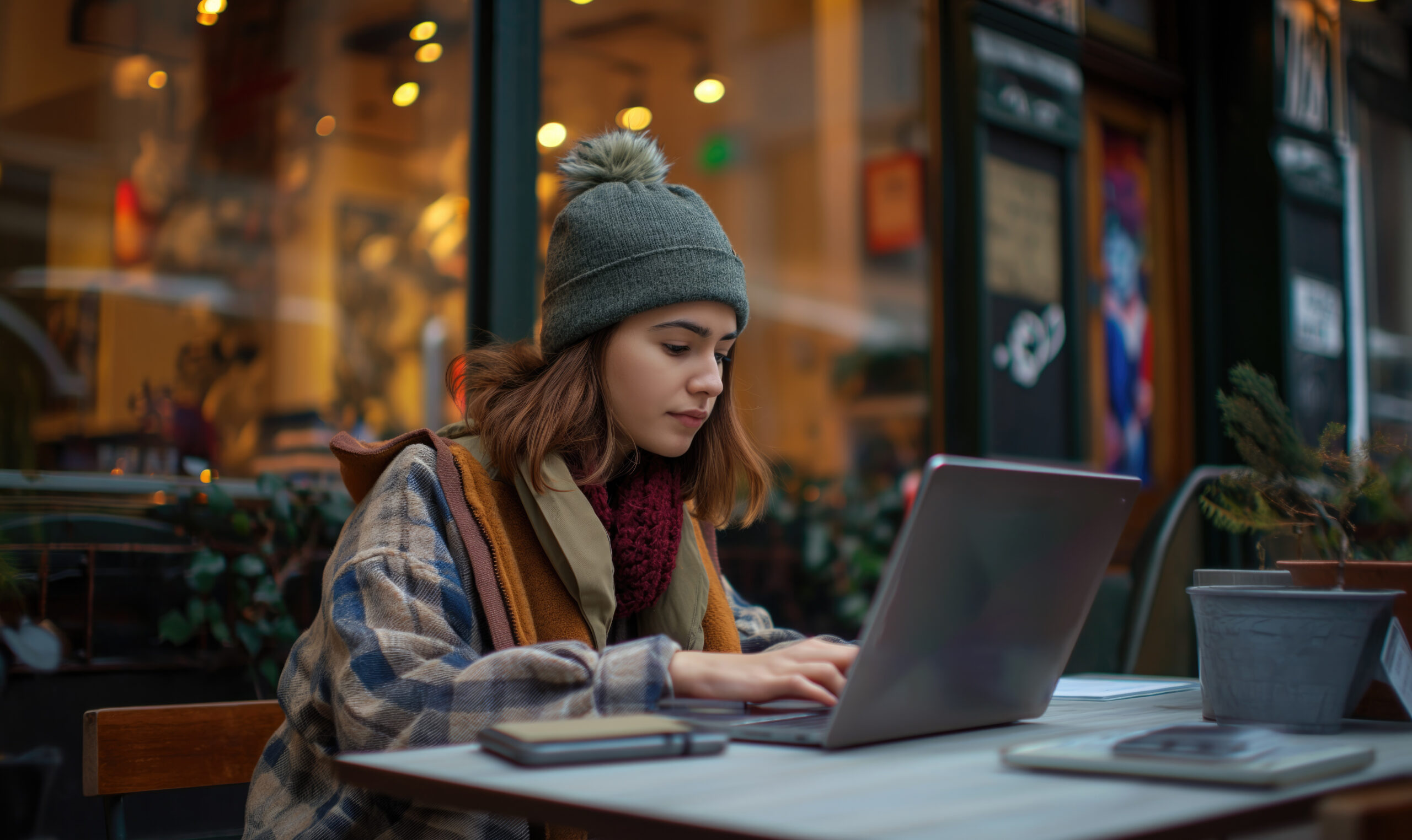 Étudiante préparant ses vœux Parcoursup sur son ordinateur portable dans un café