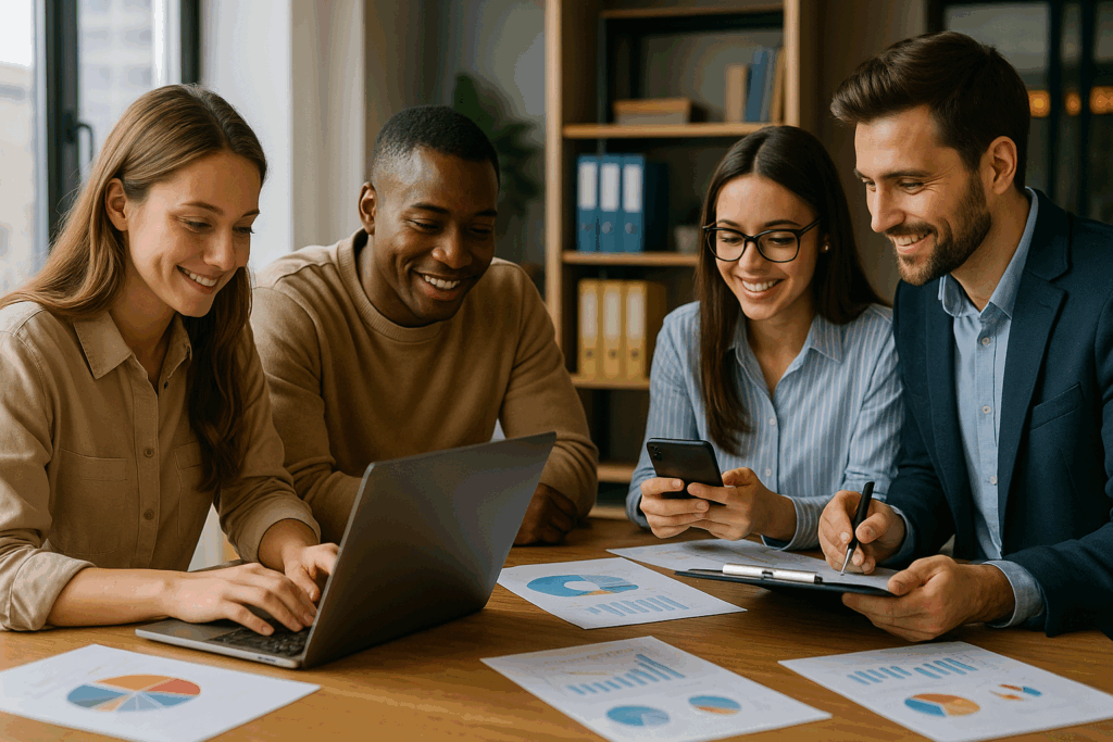 Équipe marketing collaborant autour d’un ordinateur pour optimiser une stratégie de recrutement étudiant.