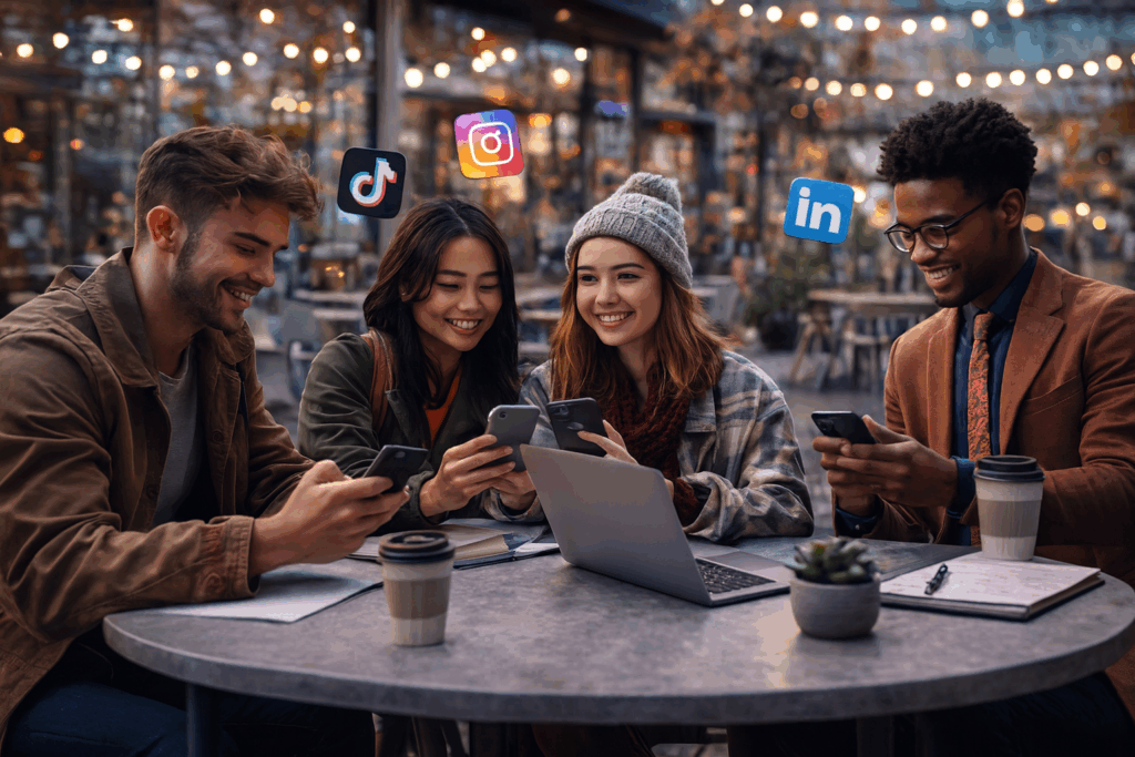 Étudiants travaillant ensemble autour d’ordinateurs sur un campus moderne, créant des contenus pour représenter leur école.