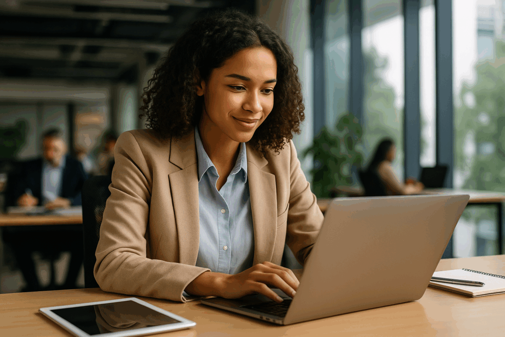Étudiante analysant des données sur un ordinateur, illustrant l’usage de l’IA dans le recrutement.