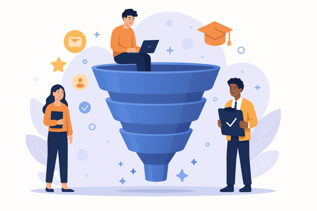 Illustration du funnel d’admission montrant un parcours candidat structuré en étapes clés.