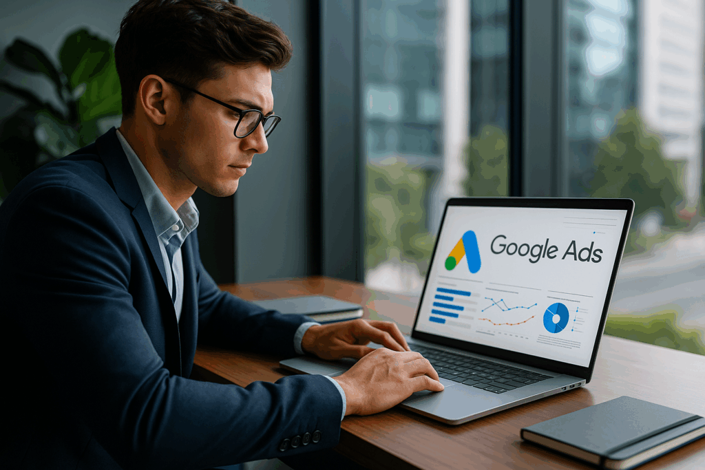Spécialiste marketing analysant des performances Google Ads sur un ordinateur portable.