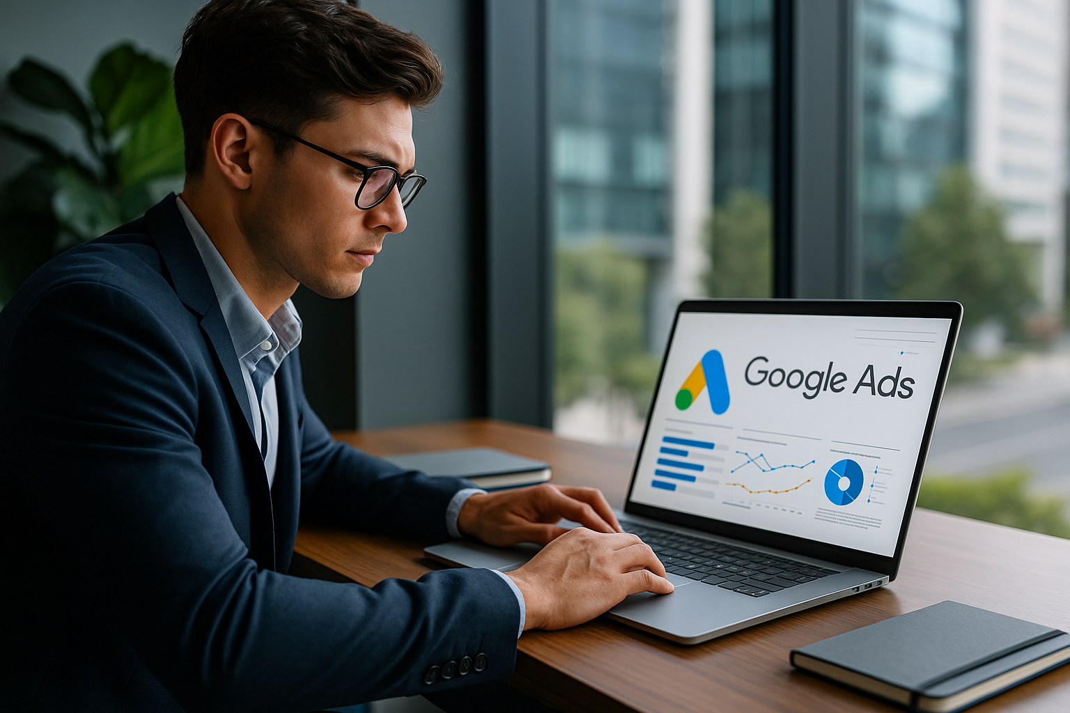 Spécialiste marketing analysant des performances Google Ads sur un ordinateur portable.