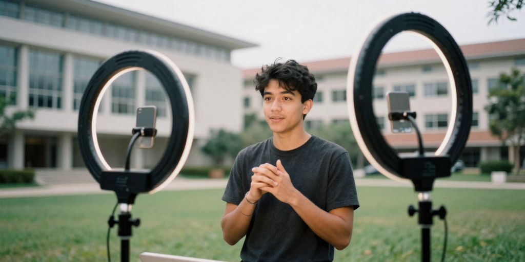 Étudiant filmée lors d’un entretien vidéo pour un témoignage destiné à YouTube