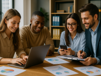 Équipe marketing collaborant autour d’un ordinateur pour optimiser une stratégie de recrutement étudiant.