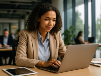 Intelligence artificielle et recrutement étudiant Étudiante analysant des données sur un ordinateur, illustrant l’usage de l’IA dans le recrutement.