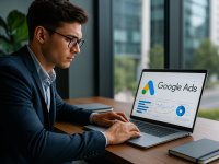 Google Ads – Analyse des performances et conversions Spécialiste marketing analysant des performances Google Ads sur un ordinateur portable.