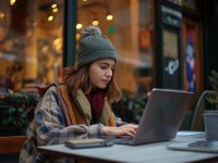 Étudiante en pleine préparation de sa candidature Parcoursup 2026 Étudiante préparant ses vœux Parcoursup sur son ordinateur portable dans un café